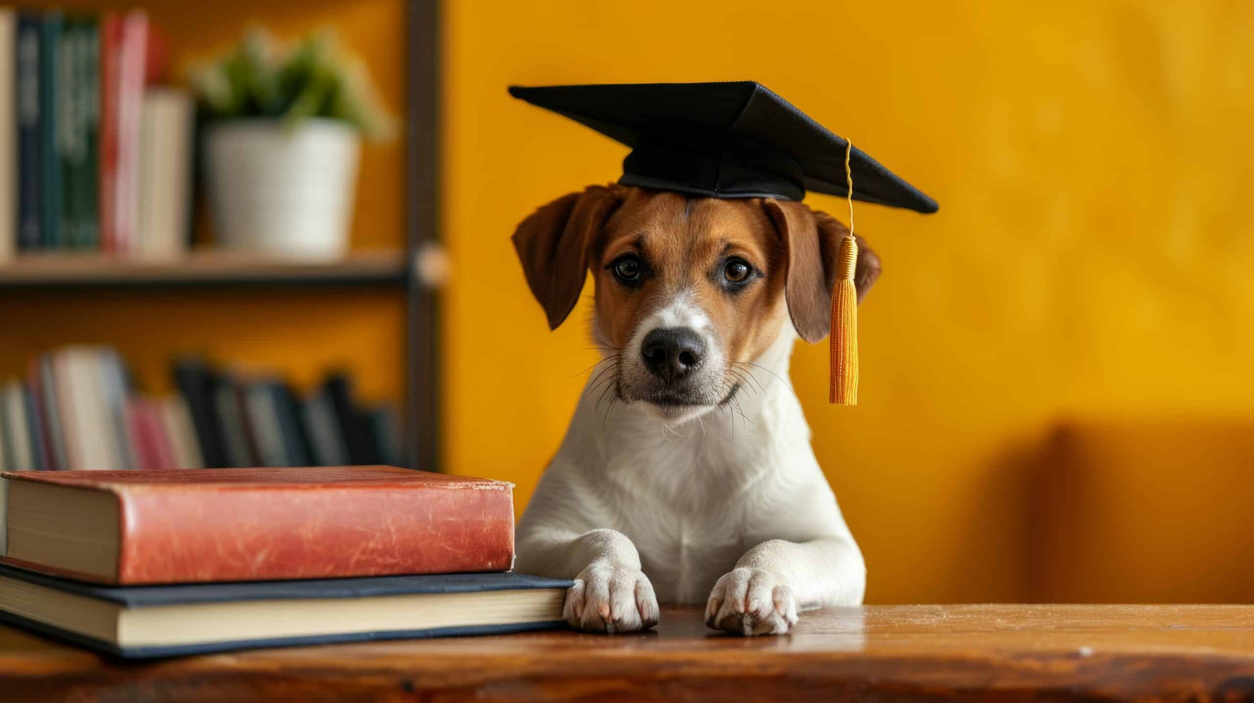 globe, books and cute dog in graduation cap on minimalist vivid background with copy space.